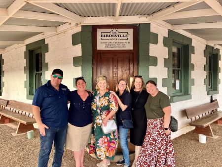 Collaboration in the Outback! L-R Ben Fullagar (Birdsville Hotel Manager), Patrice Brandenburg-Wallace (Diamantina Shire Council Director Communities), Denise Brown (OQTA CEO), Sam Ireland (OQTA), Racheal Klitscher (TEQ), and Kelly Hensley (OQTA)
