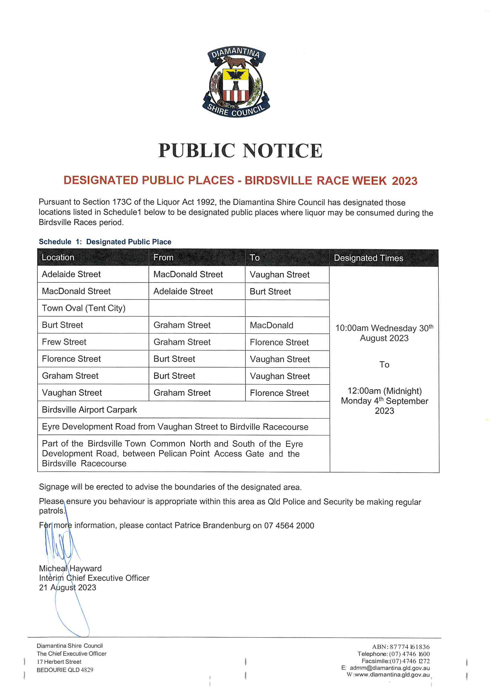 DESIGNATED PUBLIC PLACES - BIRDSVILLE RACE WEEK 2023