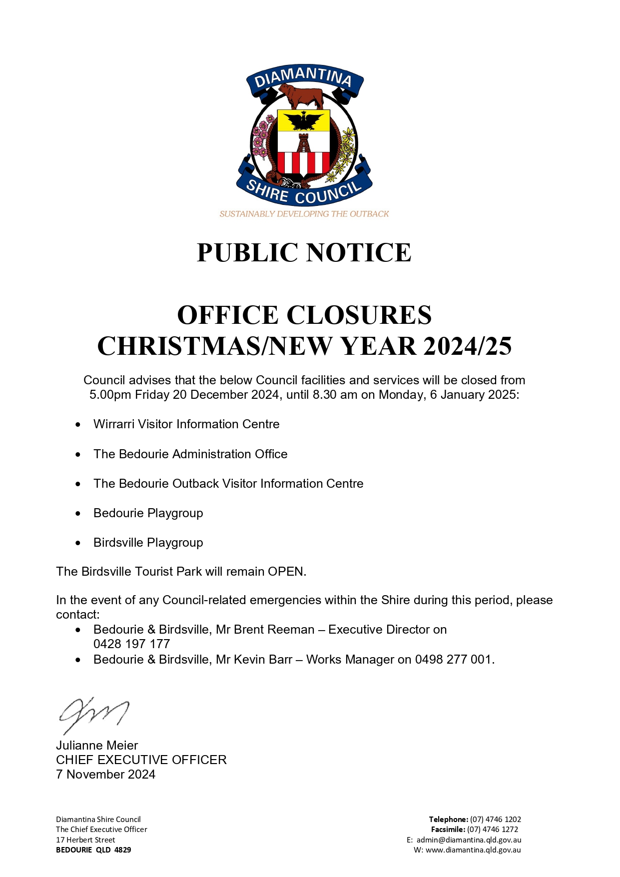 Public notice christmas closure 2024 - 2025