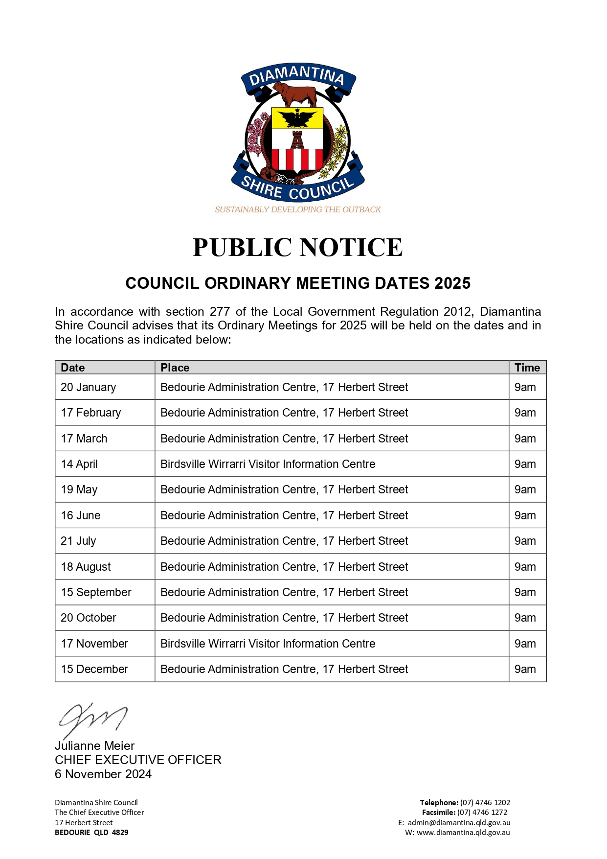 Council Ordinary Meeting Dates 2025