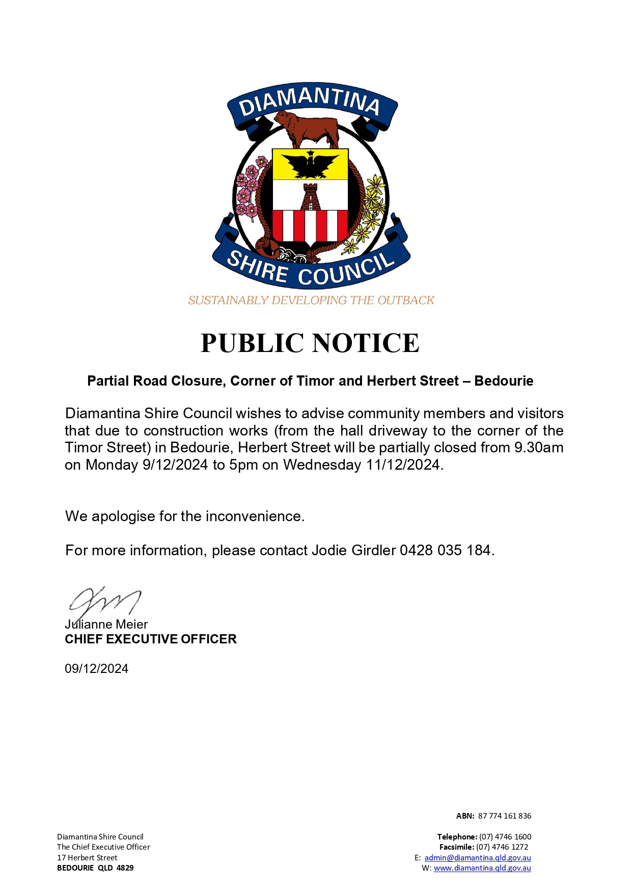 Public Notice: Partial Road Closure in Bedourie (December 9–11, 2024)