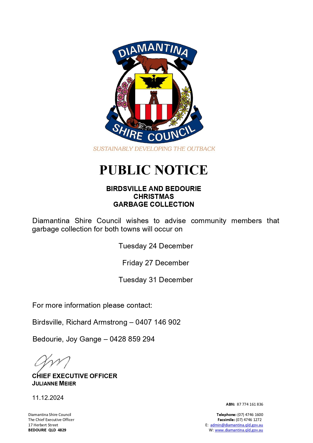 Public notice birdsville bedourie  christmas garbage collection 2024