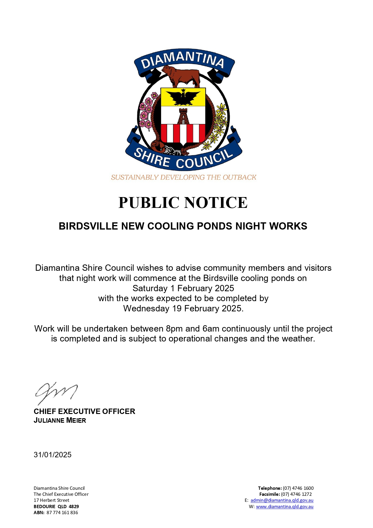 Public notice birdsville cooling ponds night works.