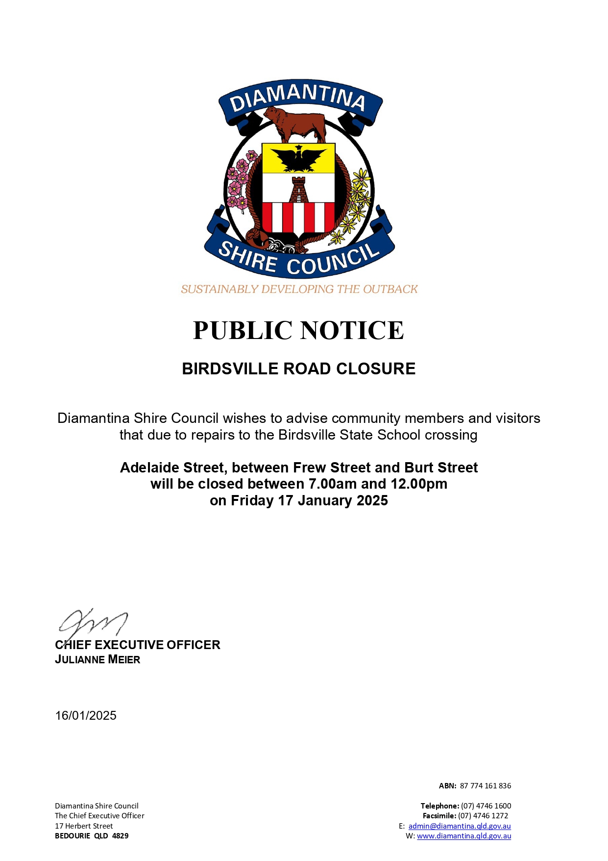 Public notice birdsville road closure 17-01-2025