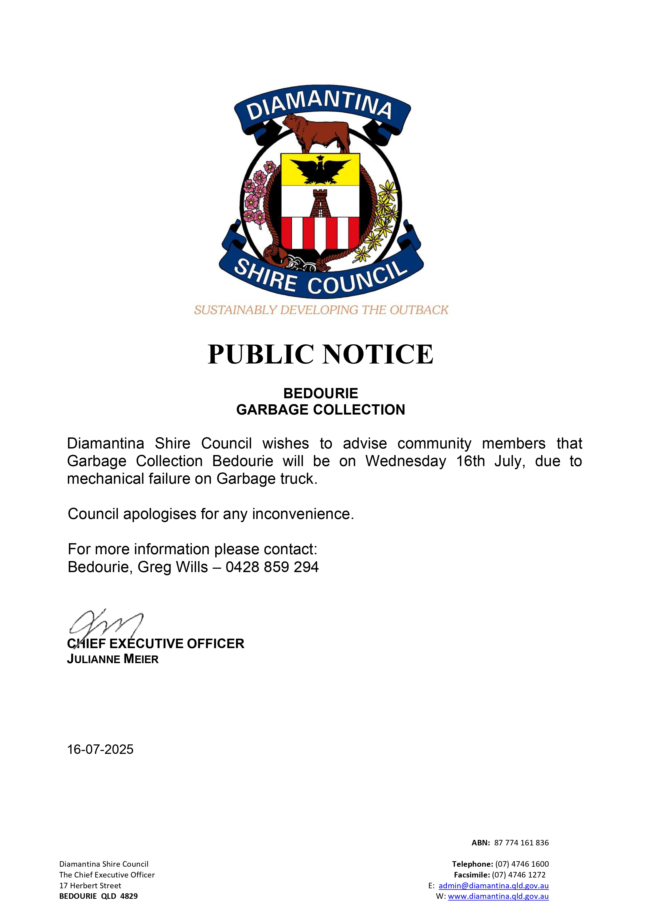 Public notice Bedourie garbage collection 16 july page