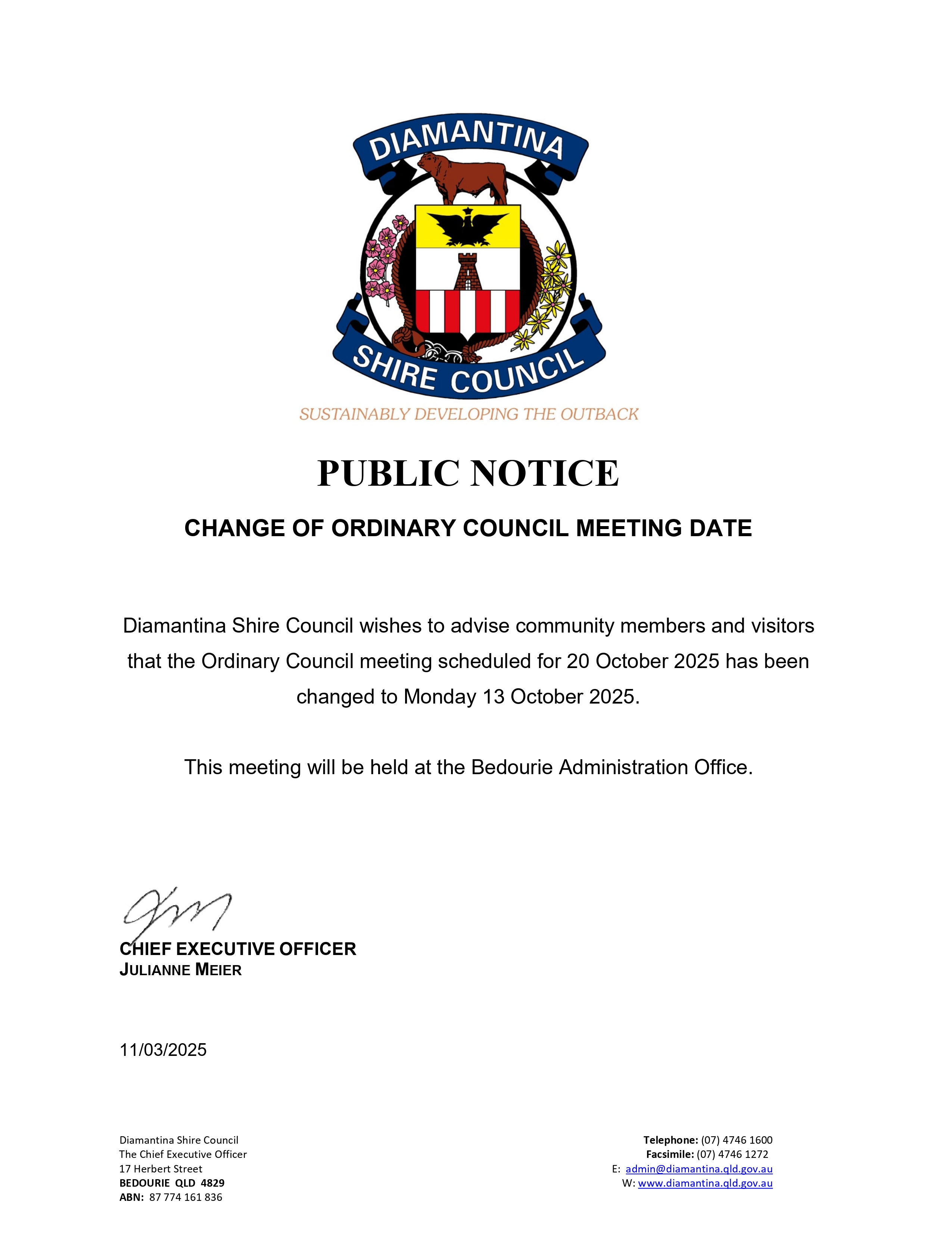 Public notice change of council meeting date